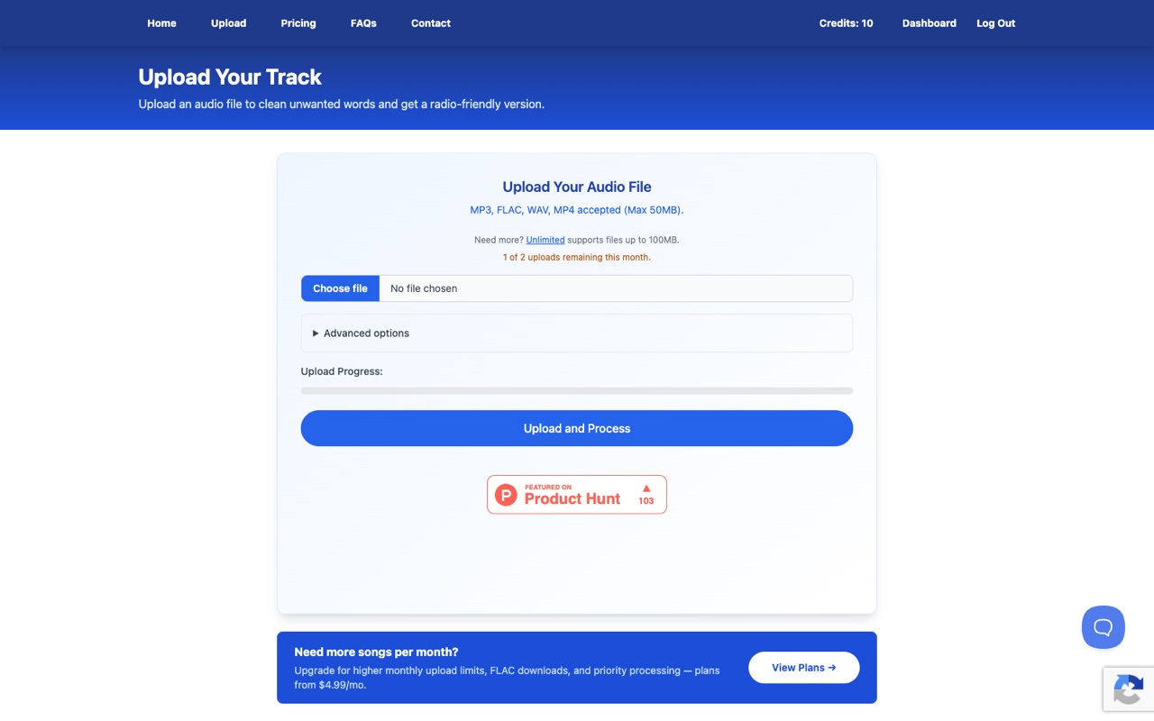 SongCleaner upload page with the file picker and the Upload and Process button
