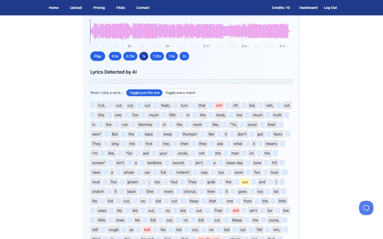 The lyrics editor showing the waveform and the transcribed lyrics with explicit words flagged in red