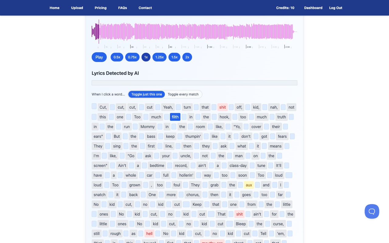 A word in the lyrics editor selected for removal by clicking it