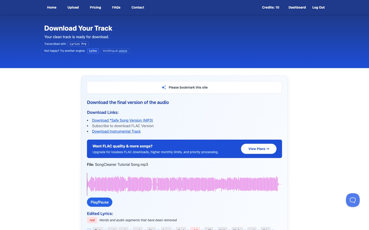 The download page with links for the clean MP3, FLAC and instrumental versions